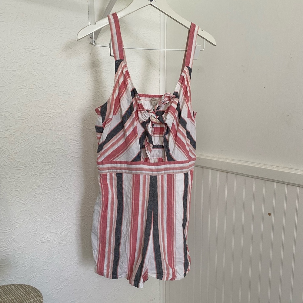 Pink and White Striped Beach Romper with Tie-Front